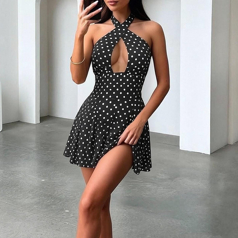 Polka Dot Halterneck Open Back Off-the-Shoulder Dress