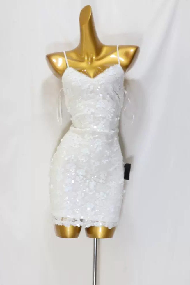 white sequin suspenders mini dress
