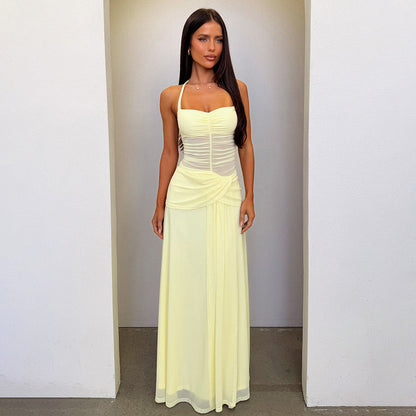 yellow low-cut halterneck dress