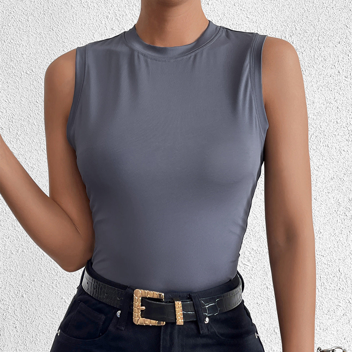 grey-blue sleeveless crew neck milk silk short tank top