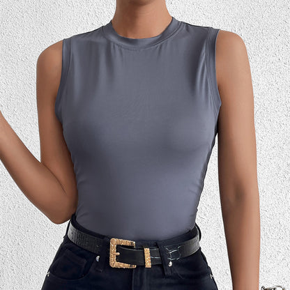 grey-blue sleeveless crew neck milk silk short tank top
