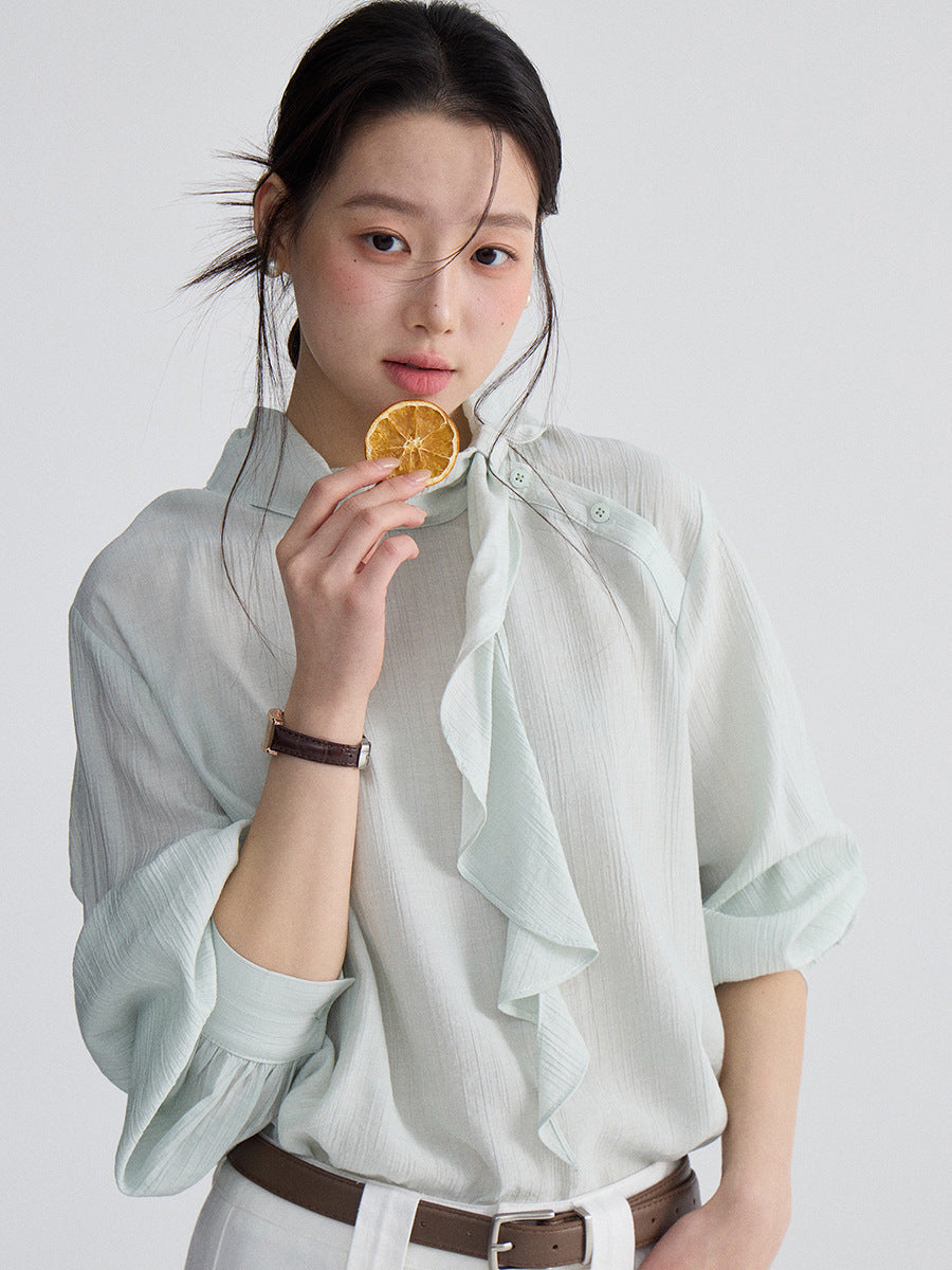 Retro side-button ruffled ribbon shirt