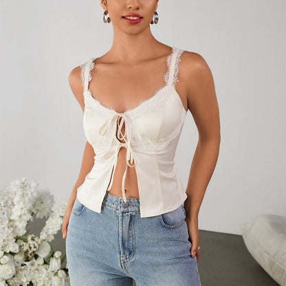 apricot matte patchwork lace cut-out backless strappy cropped suspender top