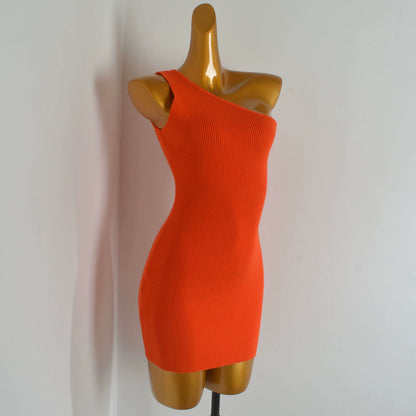 slanted collar knitted off-the-shoulder dress