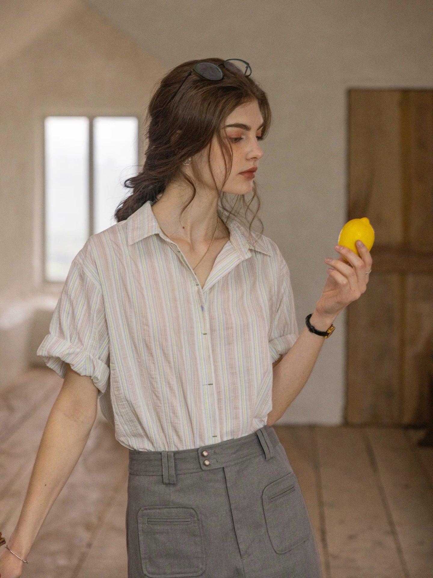 striped color-block patched rolled-sleeve shirt