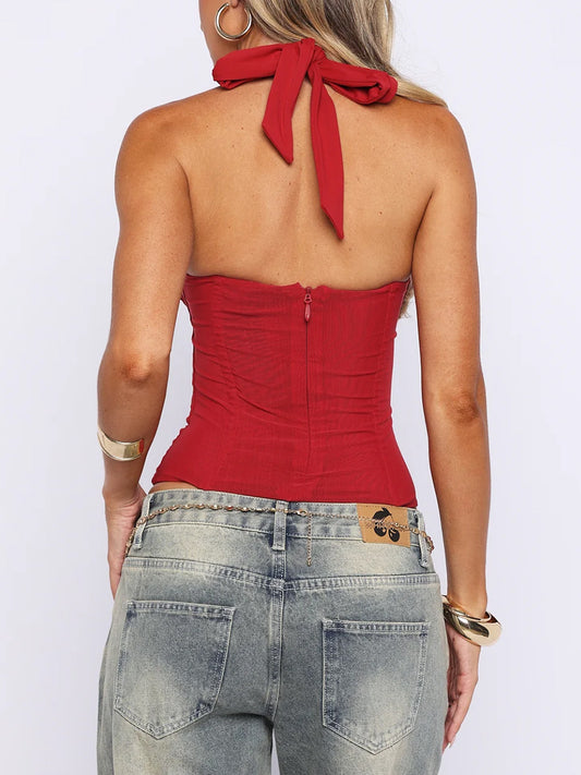 red halterneck herringbone backless cropped top