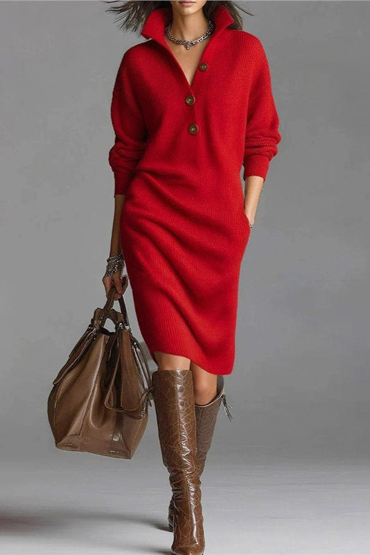 Button-down collar straight knit sweater midi dress