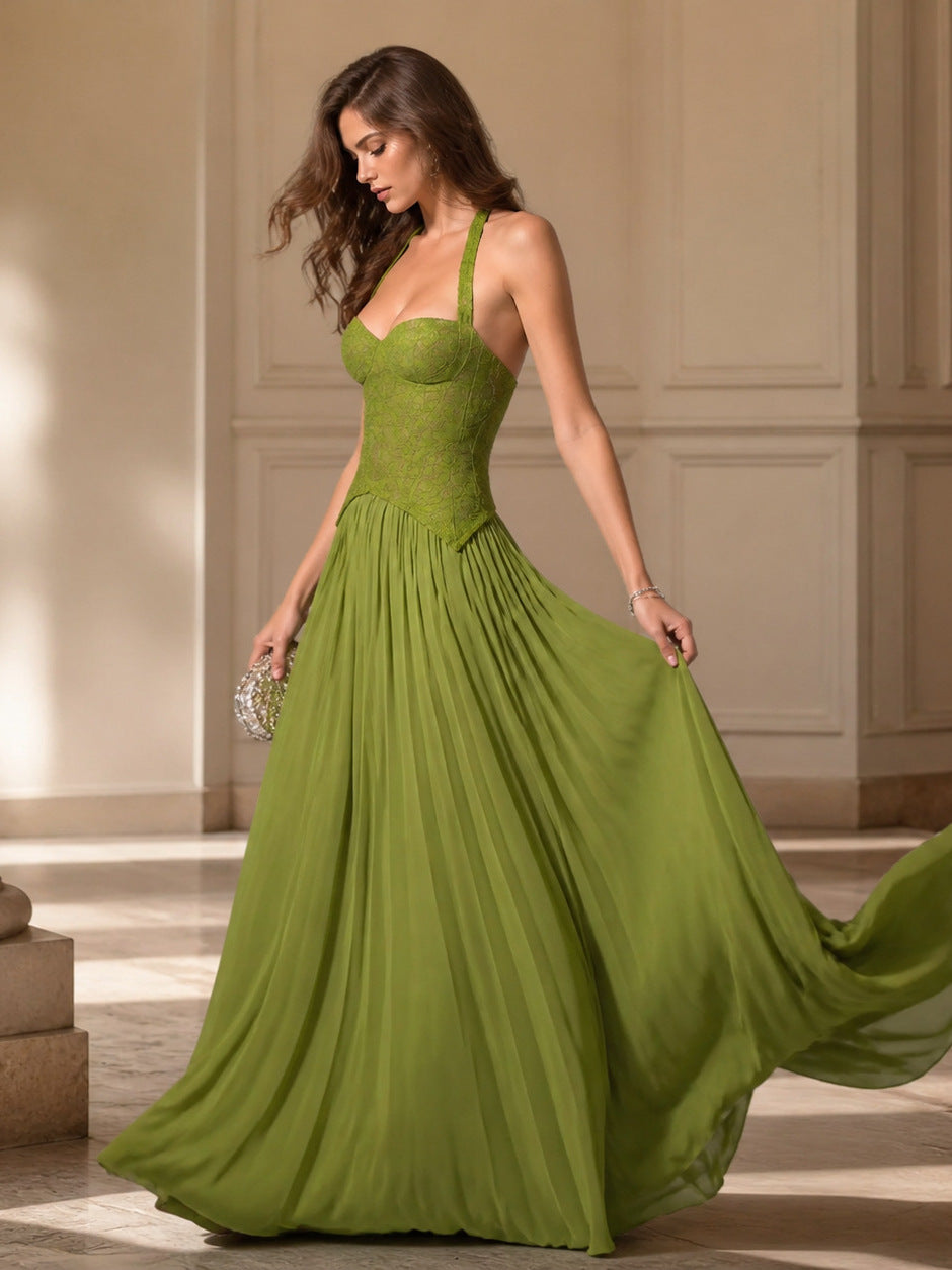 green lace halterneck pleated large swing dress