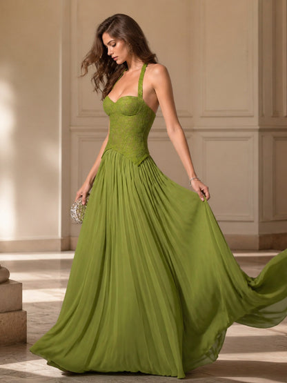 green lace halterneck pleated large swing dress