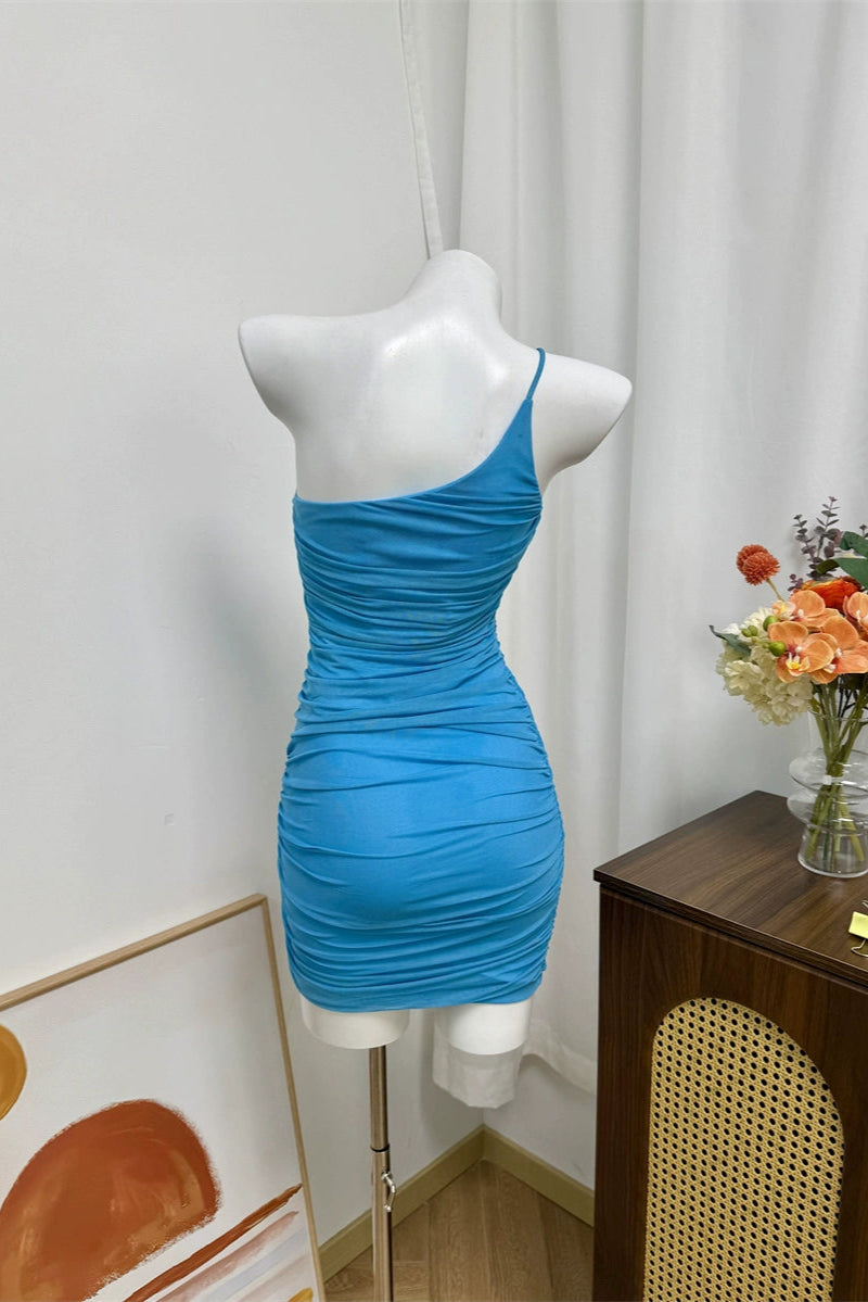 blue one-shoulder suspender mesh mini dress