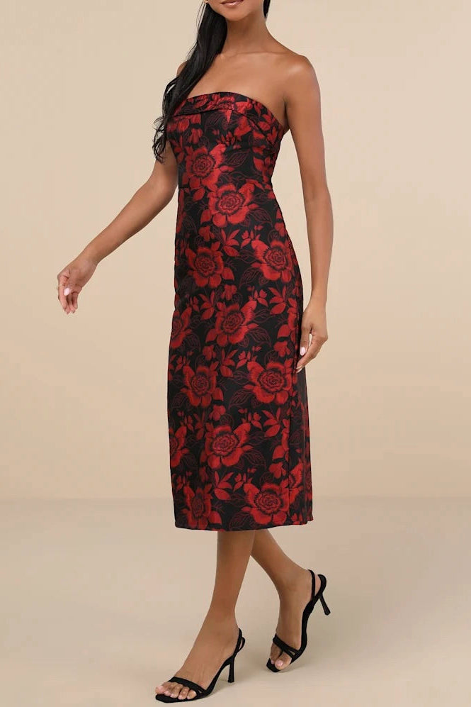burgundy vintage embossed flower midi dress