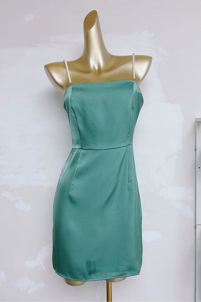 Green  Square Neck Pearl Suspenders mini Dress
