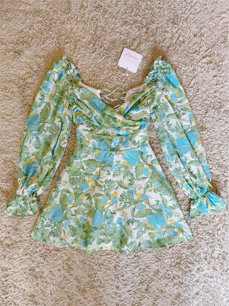 Off Shoulder Lace-Up Back Floral Puff Sleeve Mini Dress