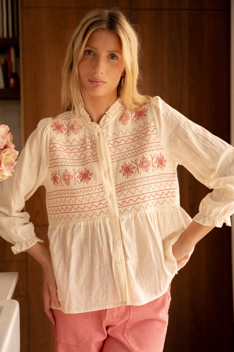 pink embroidery cotton linen single-breasted long-sleeved shirt