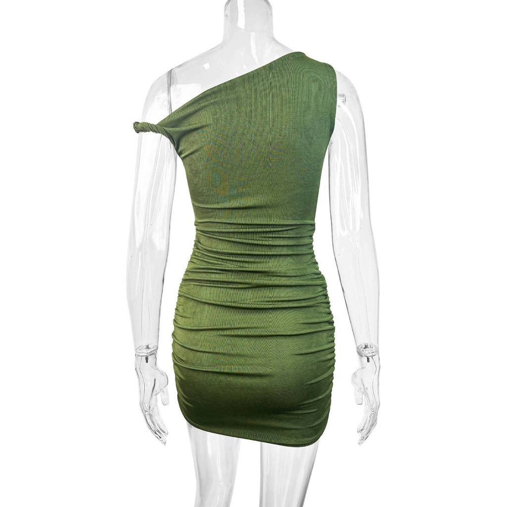 green One-shoulder sleeveless pleated mini dress