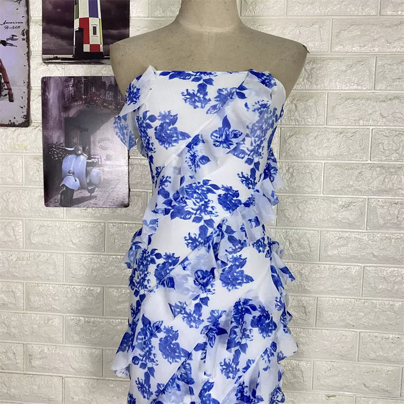 blue bandeau ruffled  wrap mini dress