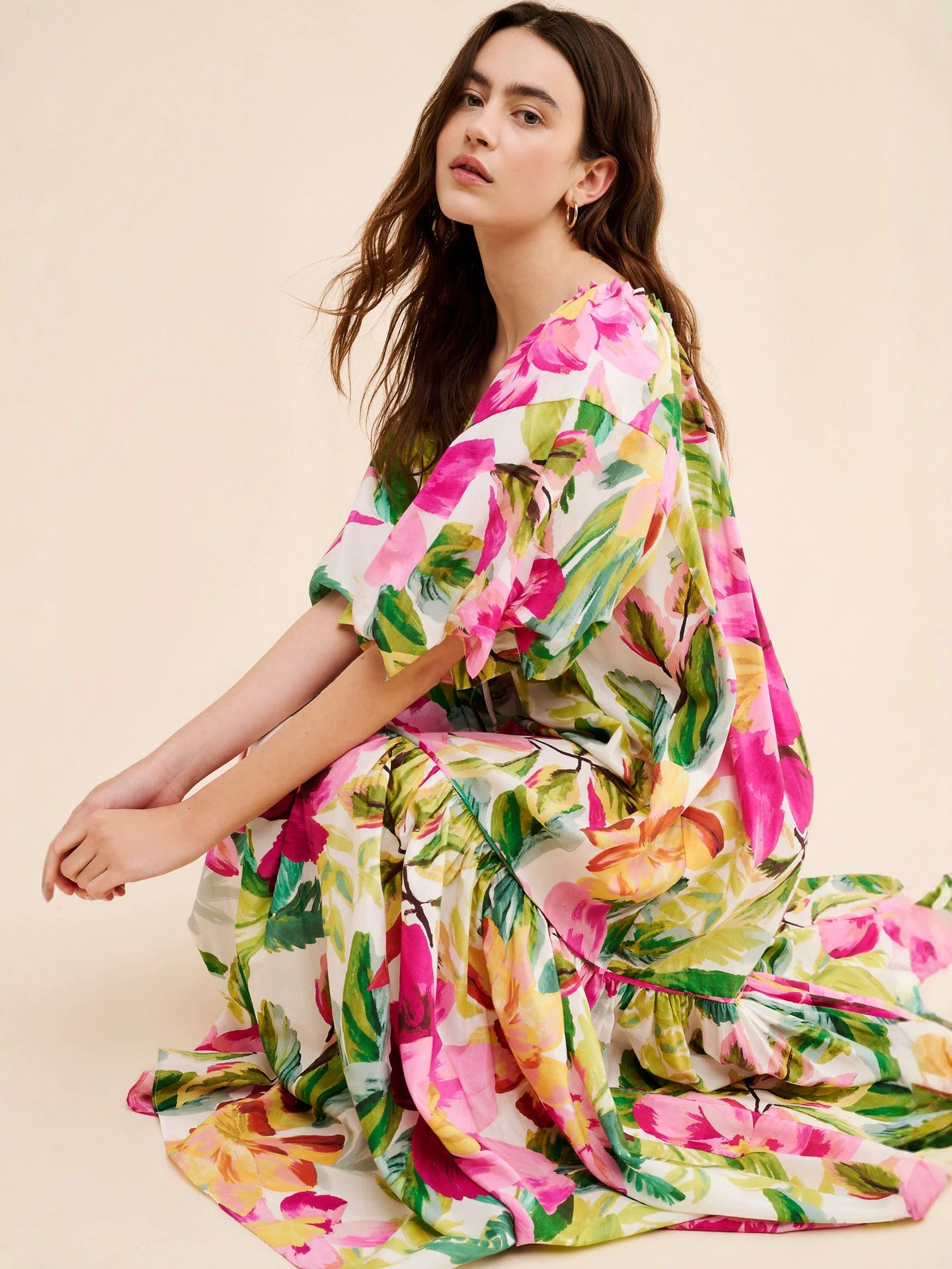 Floral print square neck puff sleeve maxi dress