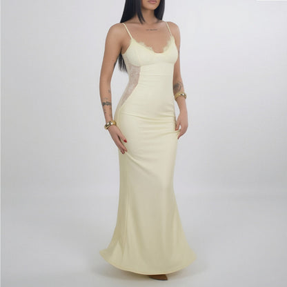 yellow Lace Suspender Waist Slim Dress