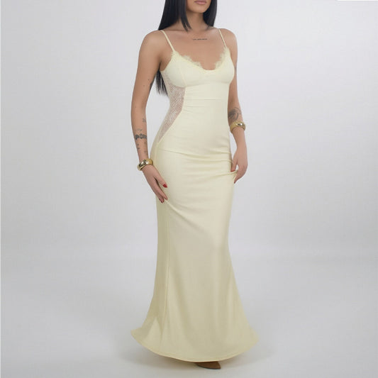 yellow Lace Suspender Waist Slim Dress