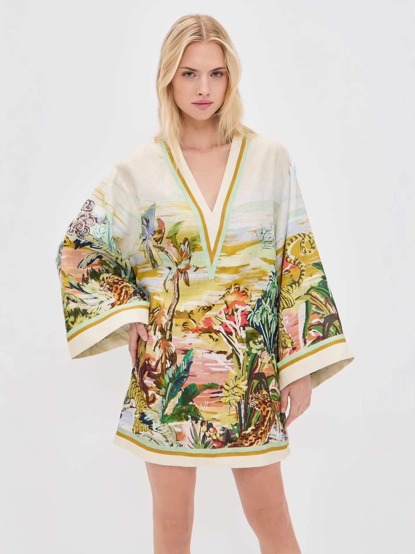 Vacation v-neck print long-sleeved mini dress