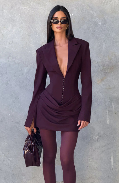 red deep V long sleeve mini dress