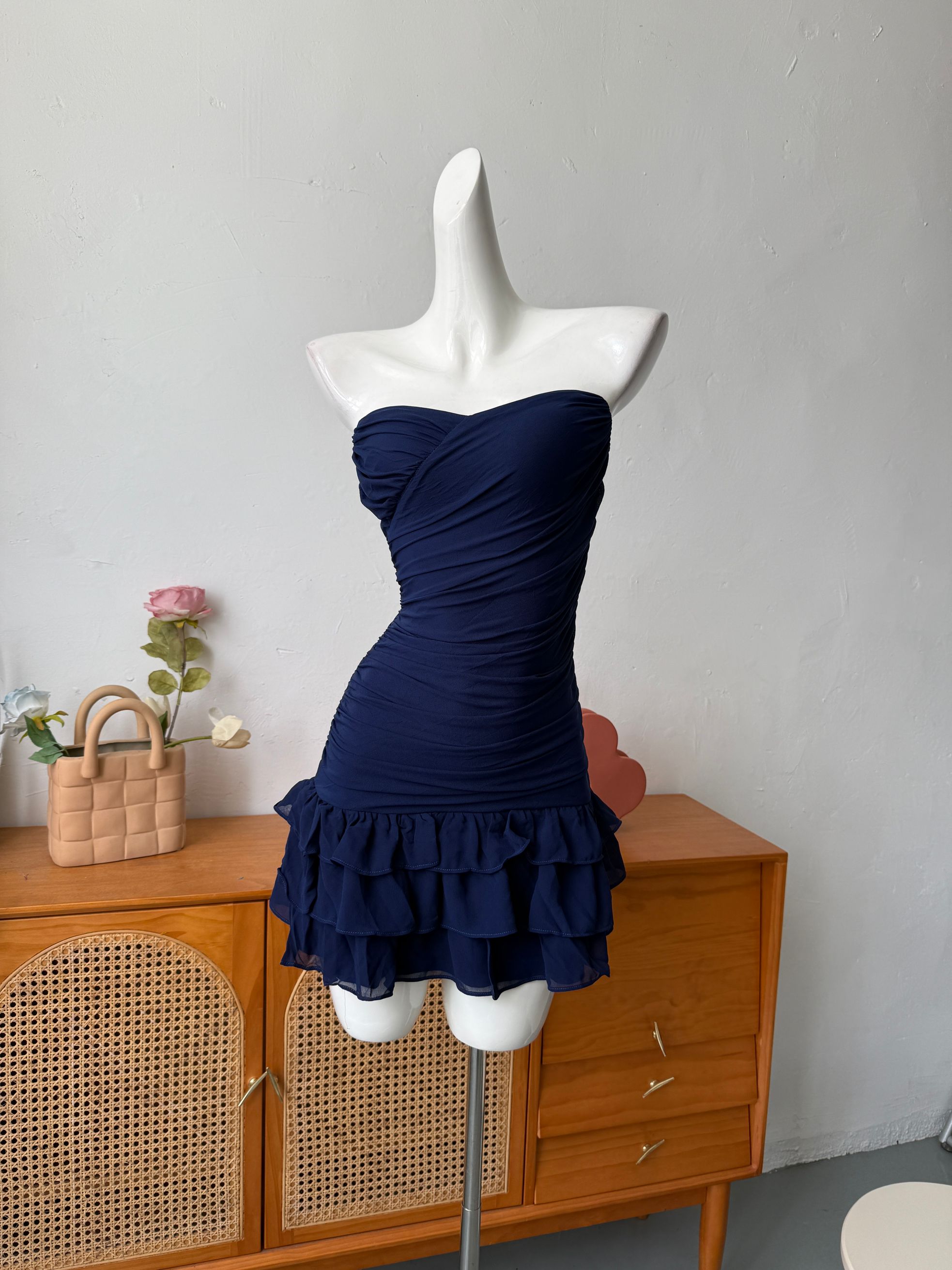 blue mesh bandeau mini dress