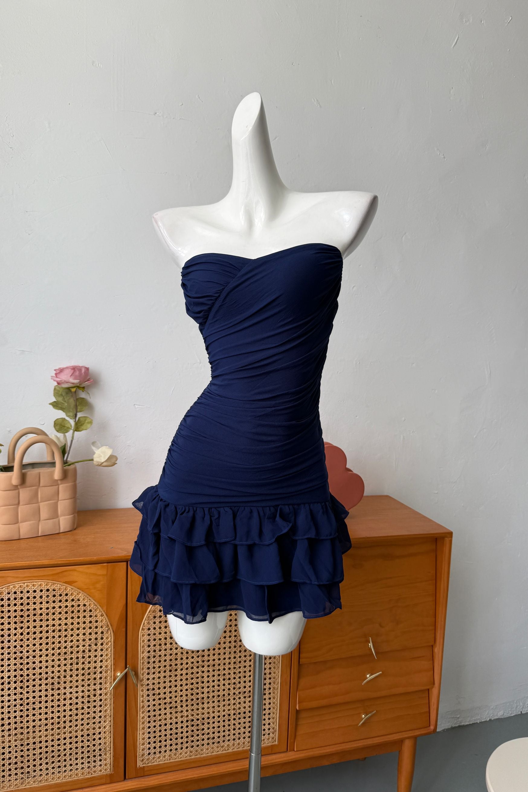 blue mesh bandeau mini dress