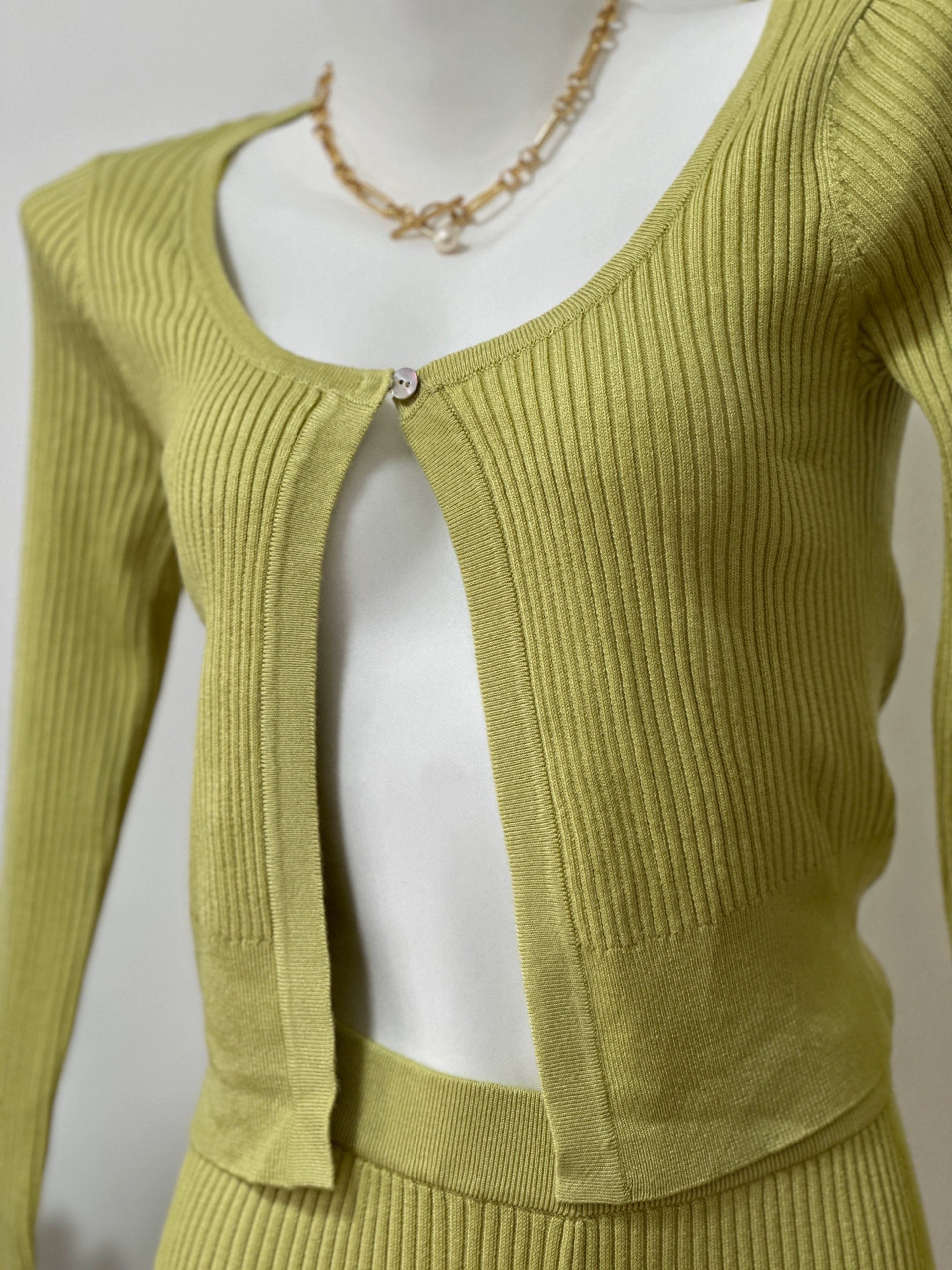 green Strip Knitted Cardigan Flared Pants Two-Piece Set