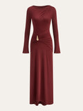 metal fittings long skirt burgundy knitted crew neck slim maxi dress