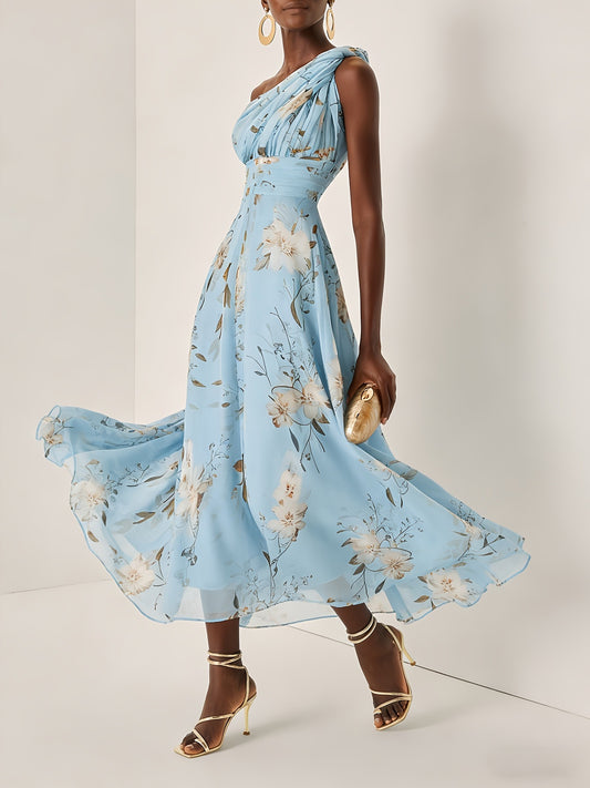 One-shoulder floral print chiffon maxi dress - blue