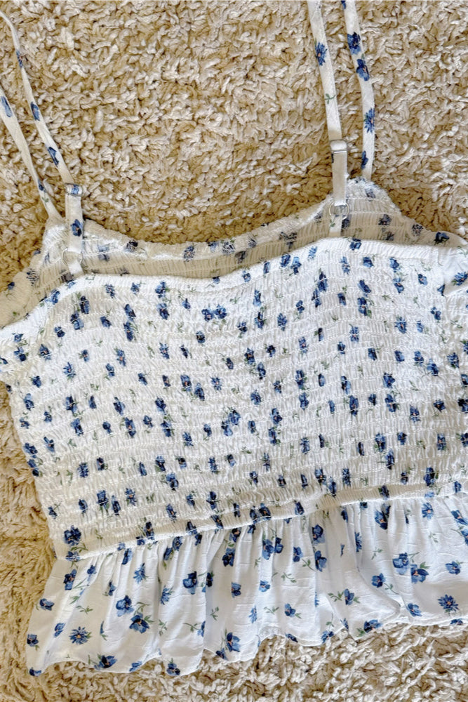 ruffled floral pleats elasticated stretch high-waisted cropped camisole top