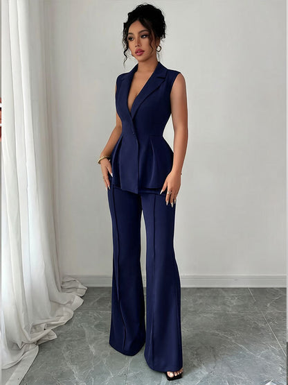 navy Deep V-neck Sleeveless Pleated Top with Wide-Leg Pants Set