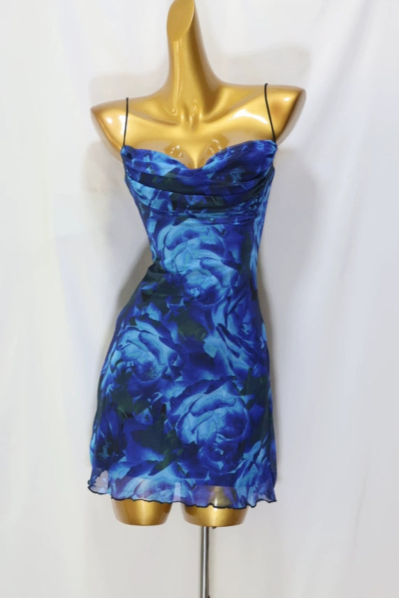 blue mesh suspender mini dress