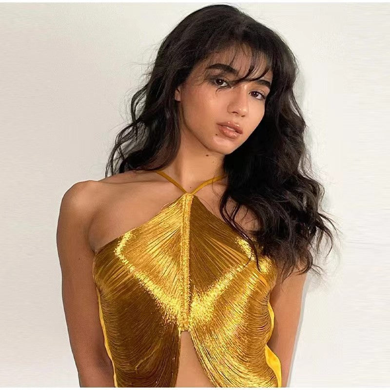 off shoulder camisole vest irregular fringed halterneck top