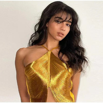 off shoulder camisole vest irregular fringed halterneck top