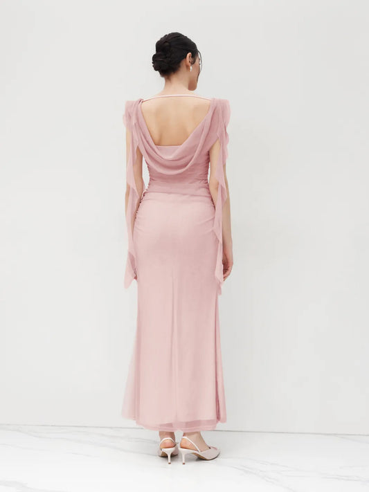pink Suspender Lace Open Back Ruffle Dress