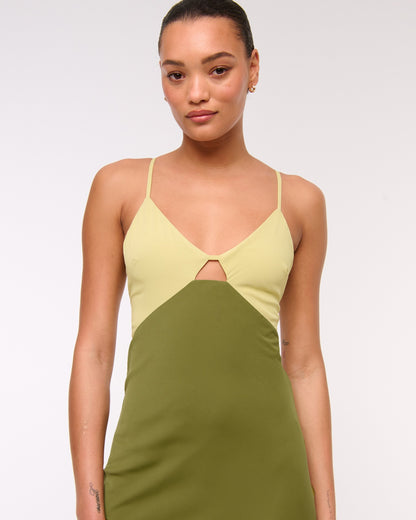 green open back suspender color-blocking dress