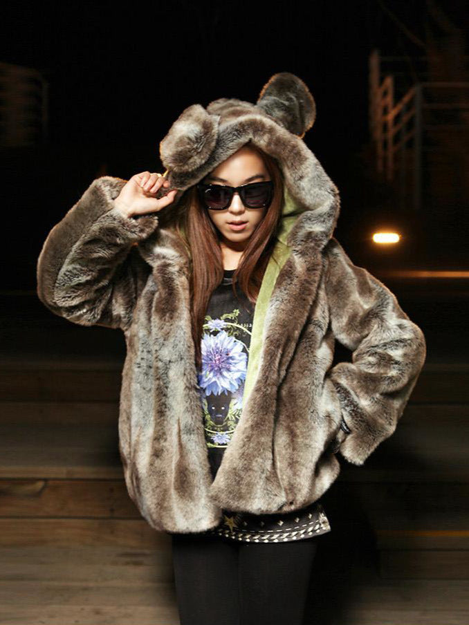 Faux Fur Jacket Bear Ears Cartoon Jacket