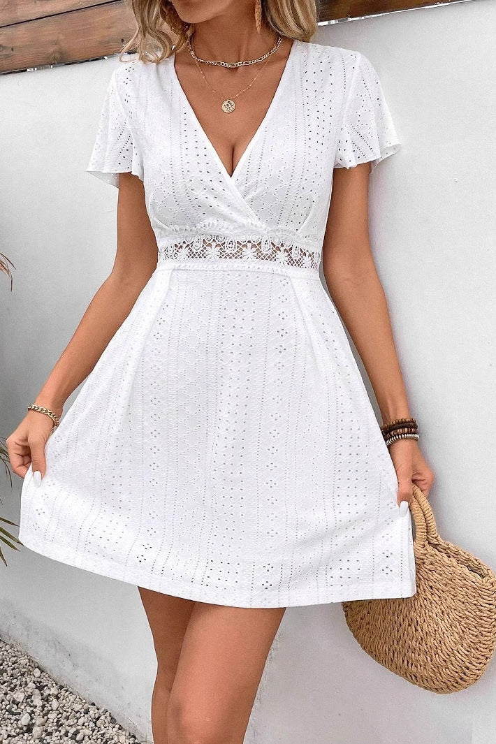 white Lace-trimmed butterfly sleeve mini dress
