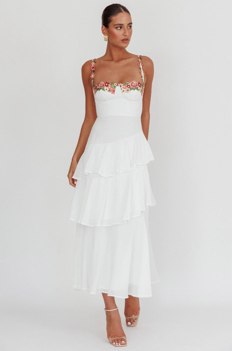 white Cascading Ruffle Floral Decorative Dress