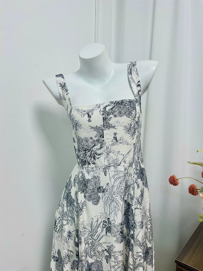 two-tone forest print square neck slip dress