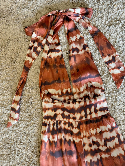 satin leopard print halterneck lace-up backless long jumpsuit