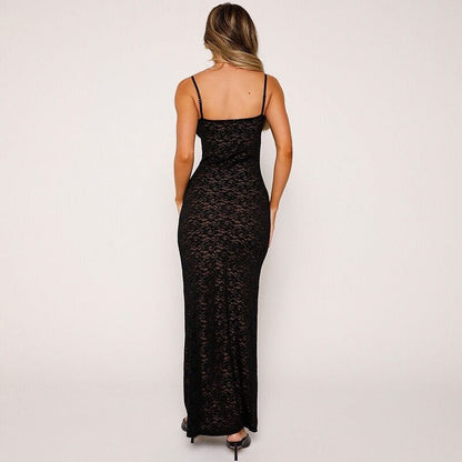 Deep V Lace Halter Back Maxi Dress
