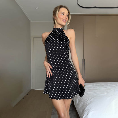 black polka dot round neck sleeveless mini dress