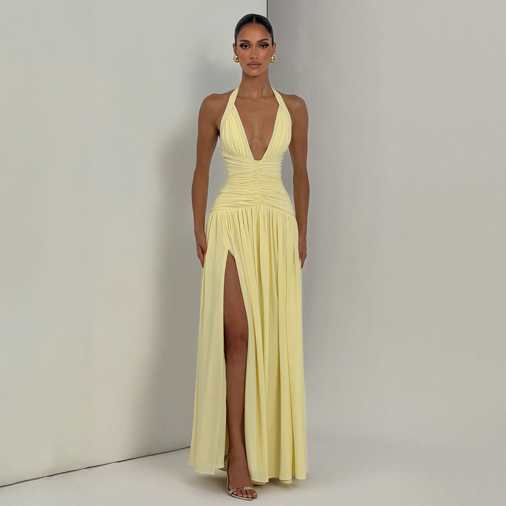 yellow halterneck slim back dress