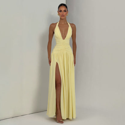 yellow halterneck slim back dress