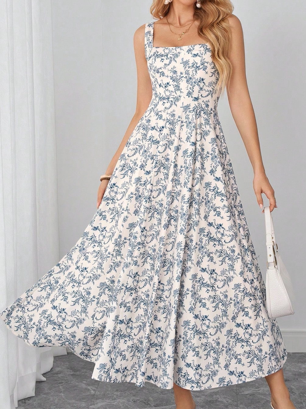 blue and white floral camisole dress