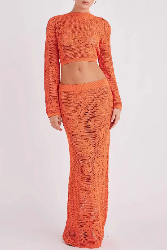 orange Hollow-out long-sleeved knitted two-piece skirt set