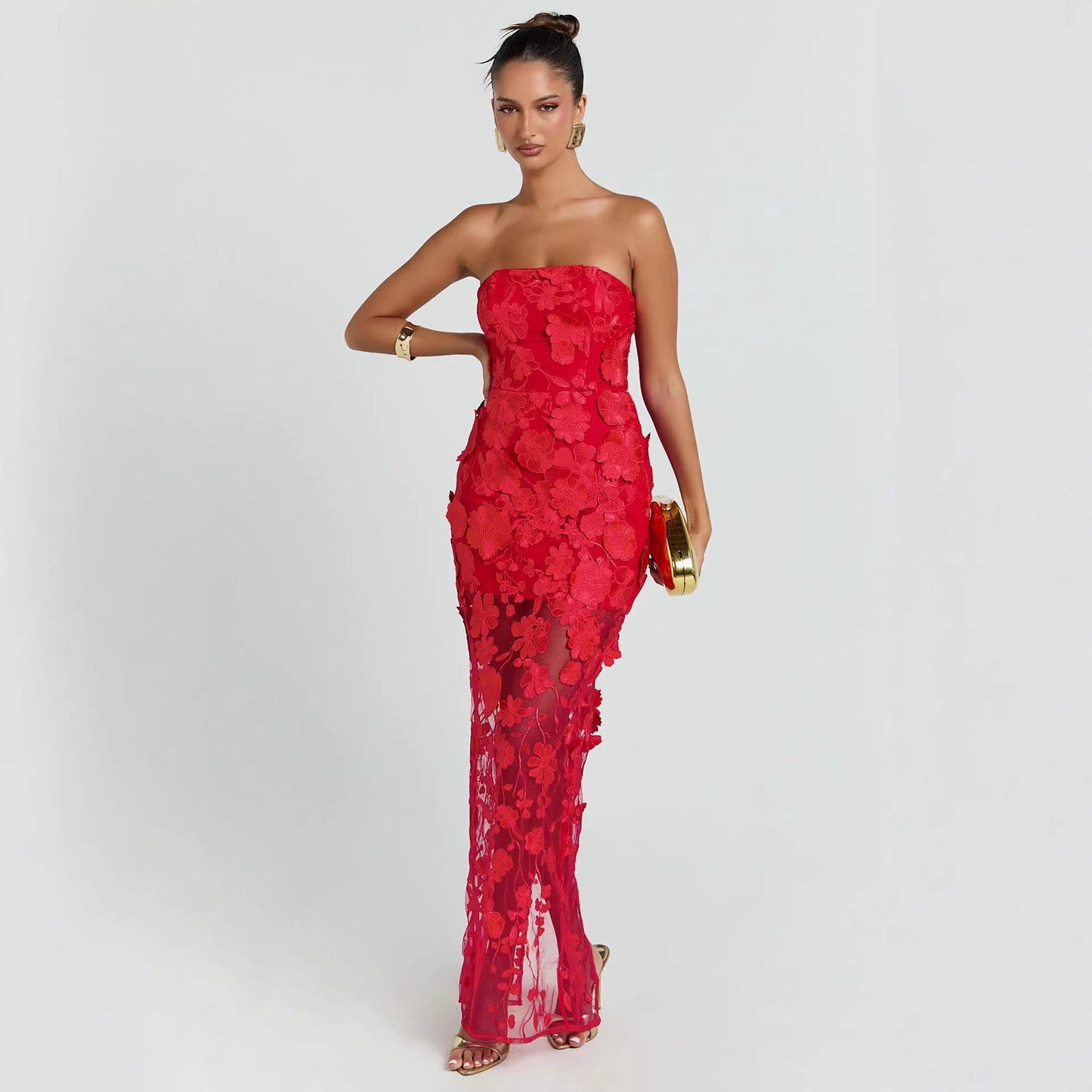 red three-dimensional flower bandeau maxi dress