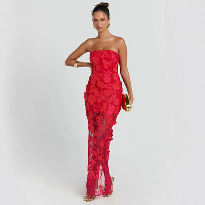 red three-dimensional flower bandeau maxi dress